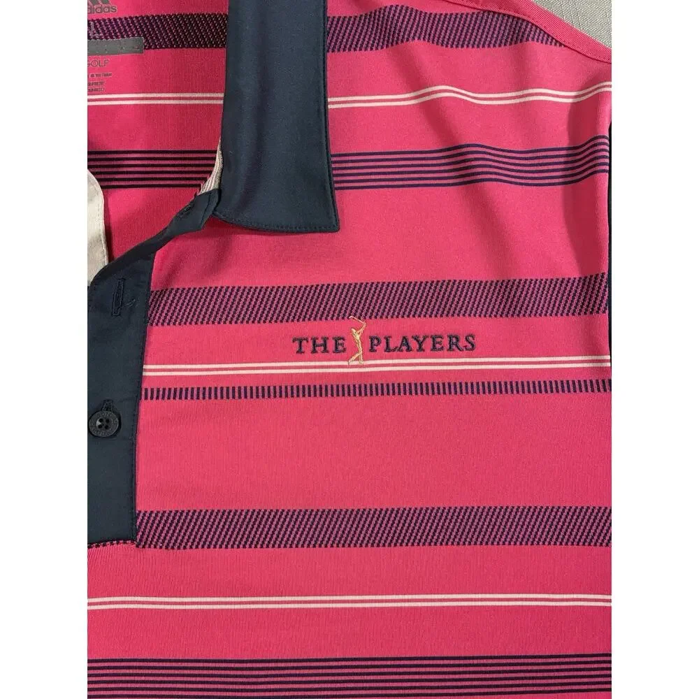Adidas Golf Polo Men’s Large Pink Navy Striped The Players Championship Shirt